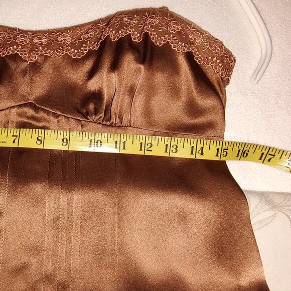 NANETTE LEPORE 100%SILK CAMISOLE WIDE LACE STRAPS EMPIRE WAIST TUCKS BRONZE SZ 6 - Picture 8 of 10